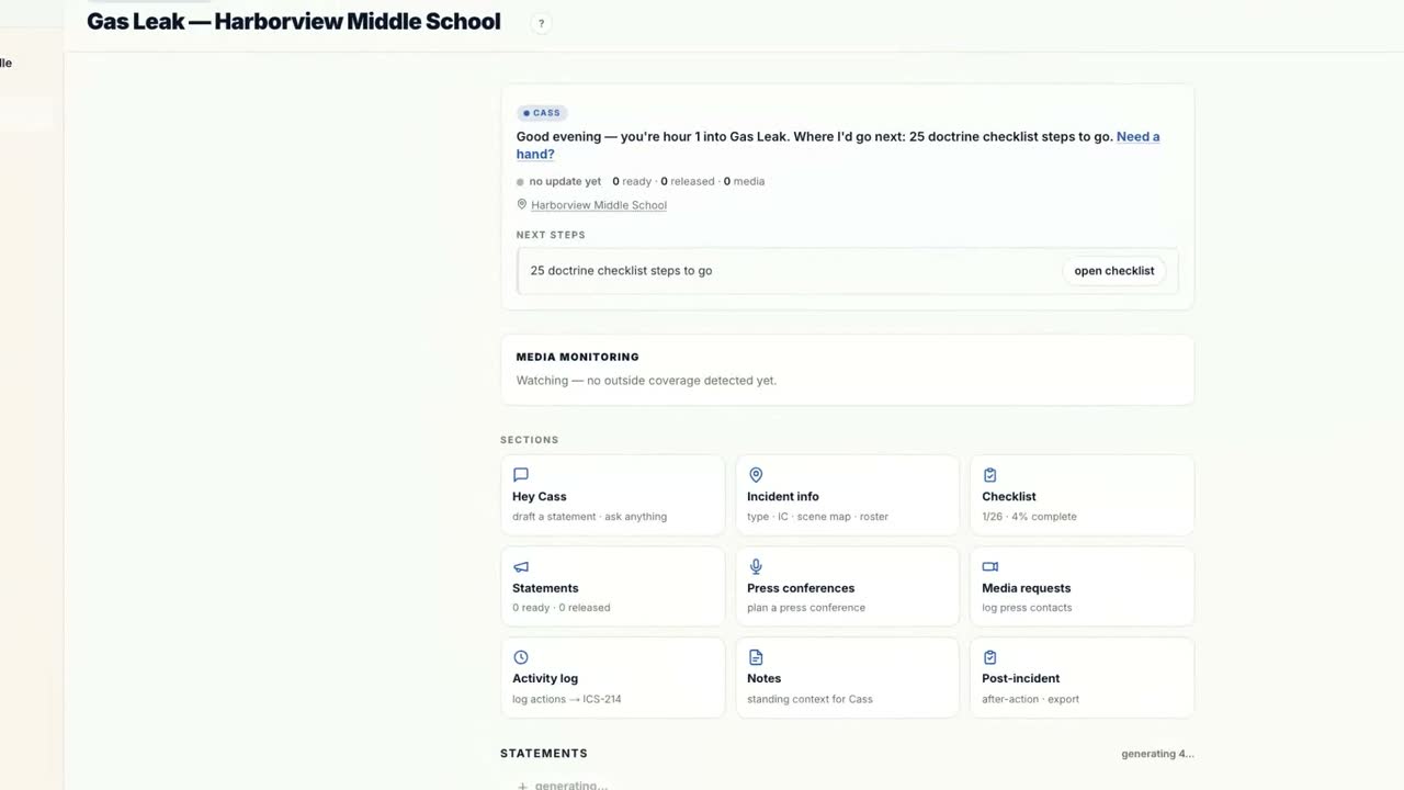 The Gas Leak — Harborview Middle School incident command center, with Cass's hour-one status note and a section grid for Hey Cass, incident info, checklist, statements, press conferences, media requests, activity log, notes and post-incident.