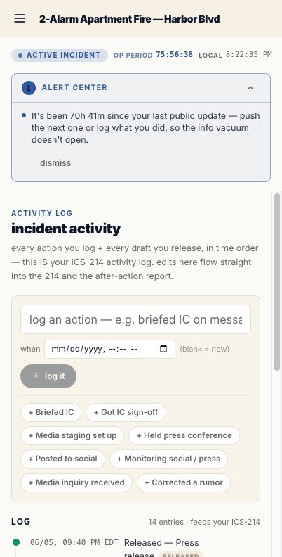 Hey Cass activity log: the self-keeping ICS-214 with time-stamped released entries