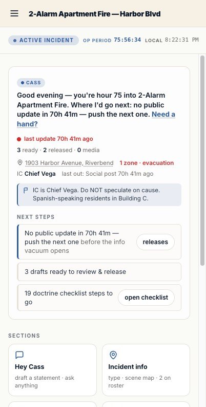 Hey Cass incident overview: situational read, operational-period clock, IC caution, and next steps