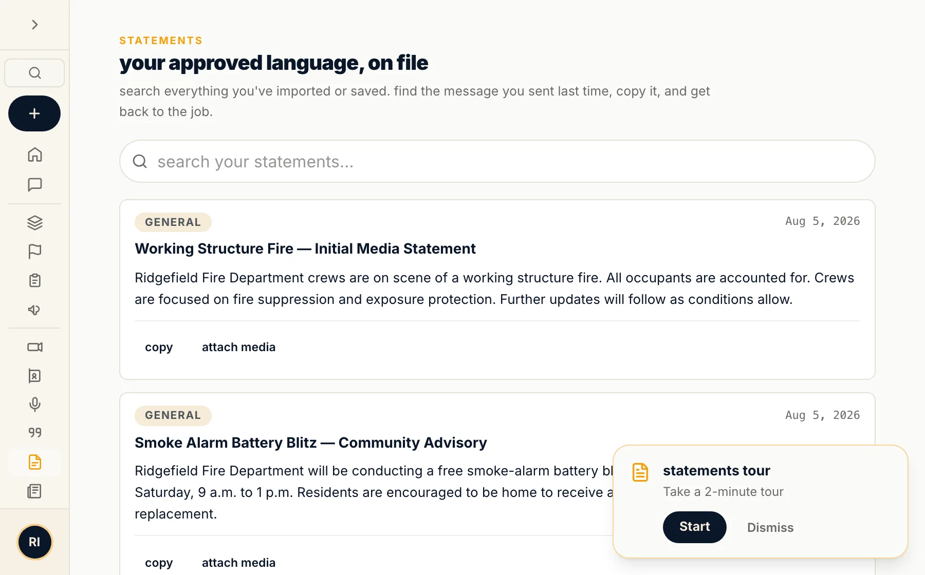 The statement library: a search box over saved agency language, with a “Working Structure Fire — Initial Media Statement” written out in full and copy and attach-media actions beneath it.